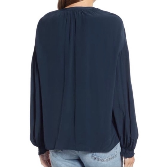 Something Navy Draped Pleated Long Sleeve Navy Blue Buttondown Blouse Top Small - Picture 8 of 12